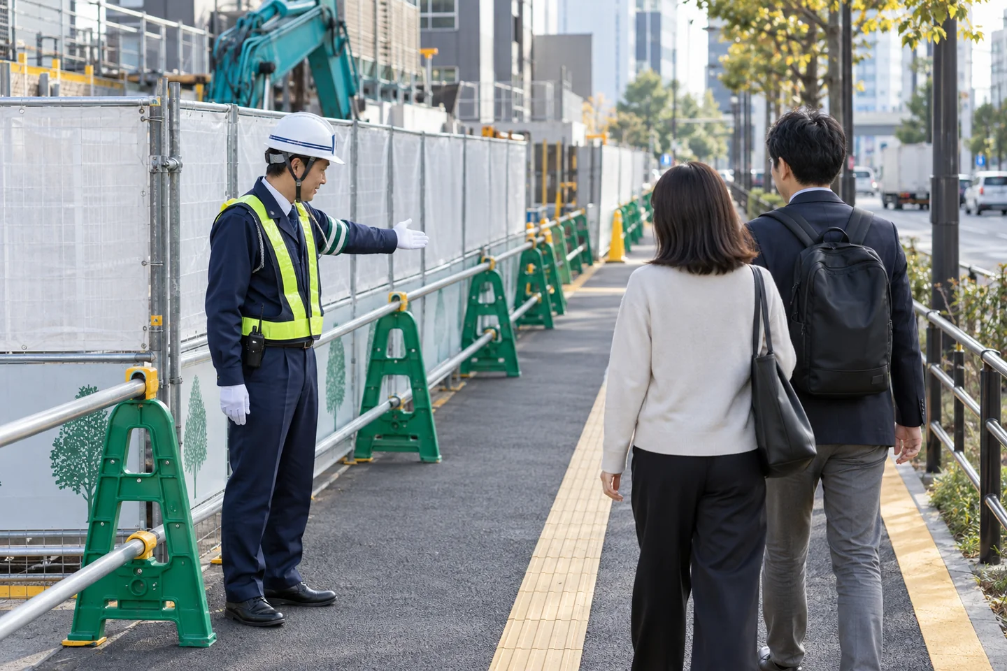 工事区間の歩行者用通路を案内する警備スタッフのイメージ