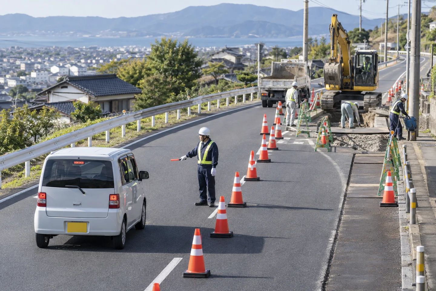 コーンで区画した道路工事の交通誘導のイメージ