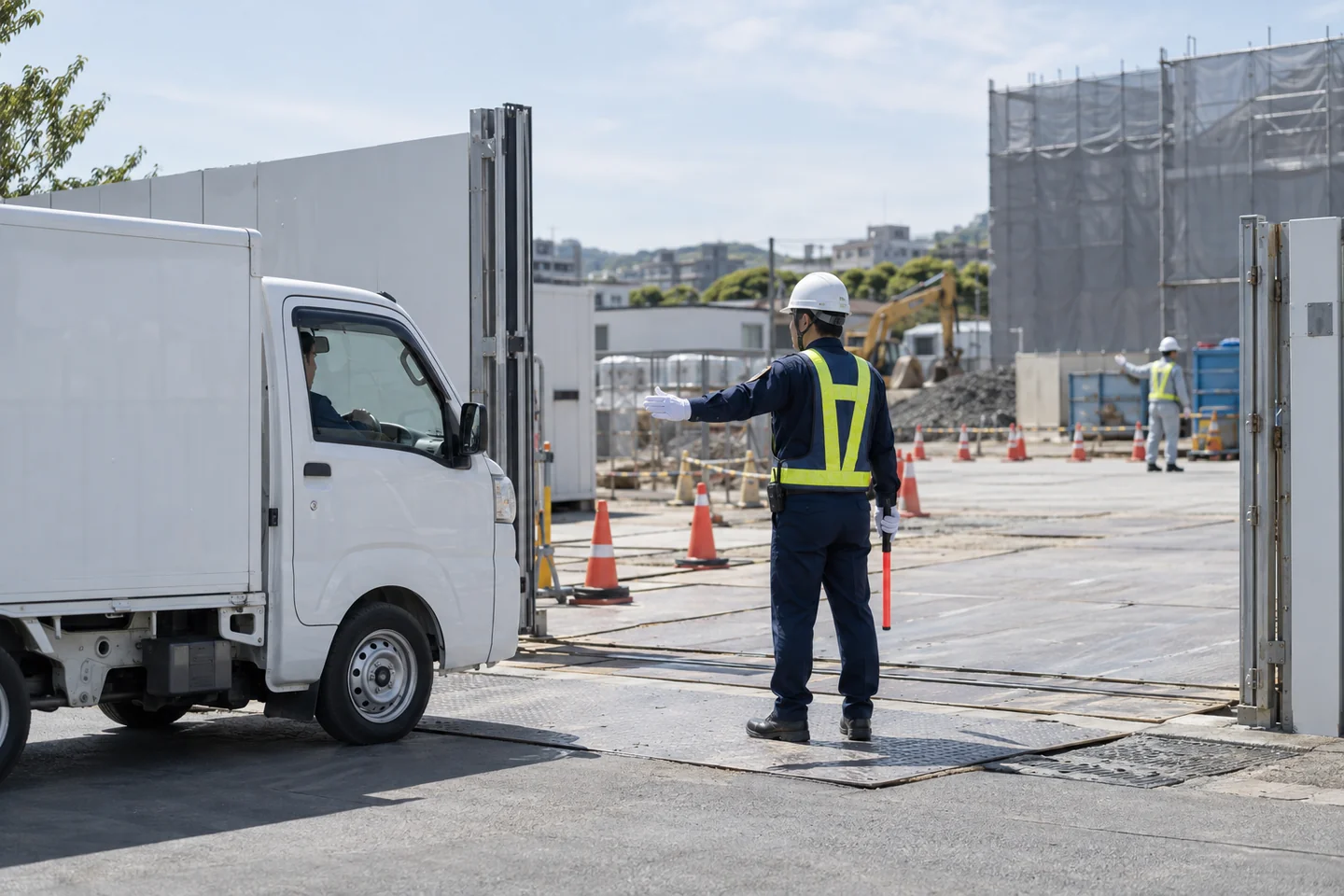 建設現場の搬入口で停車中のトラックと周辺を確認する警備のイメージ