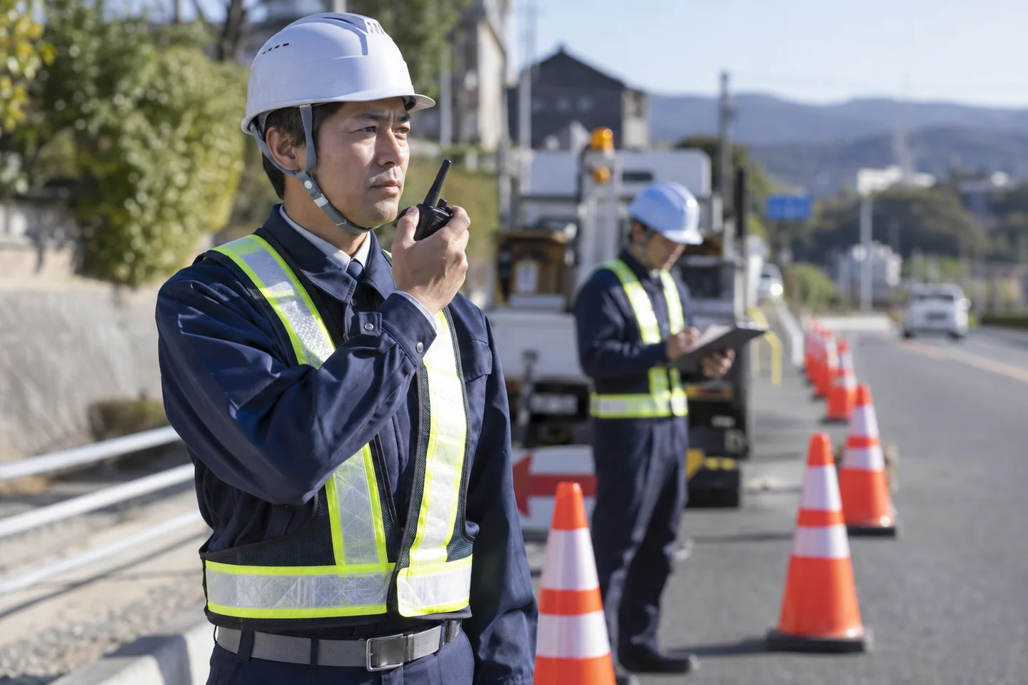 道路工事の配置前に無線機を確認する警備スタッフのイメージ