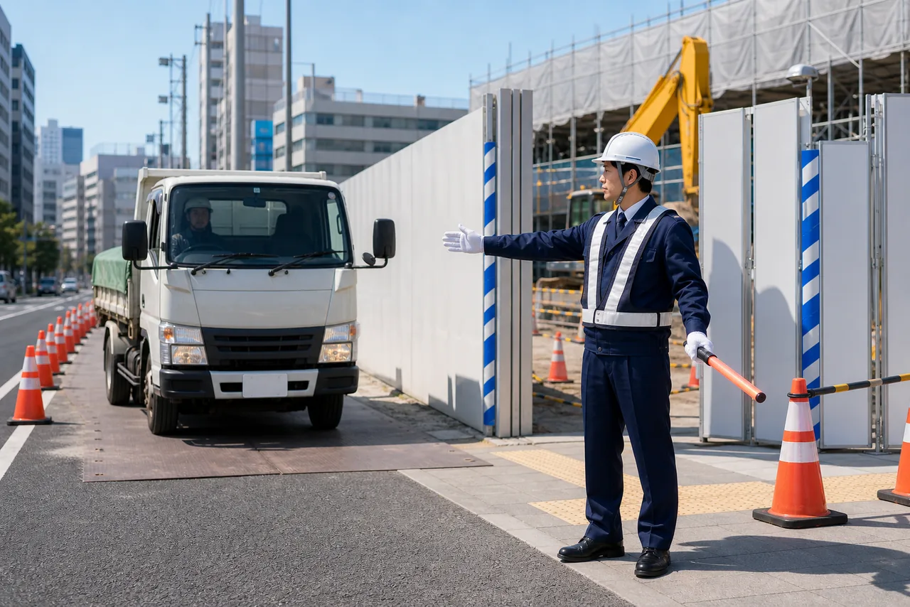 道路工事現場で交通誘導を行う警備スタッフ