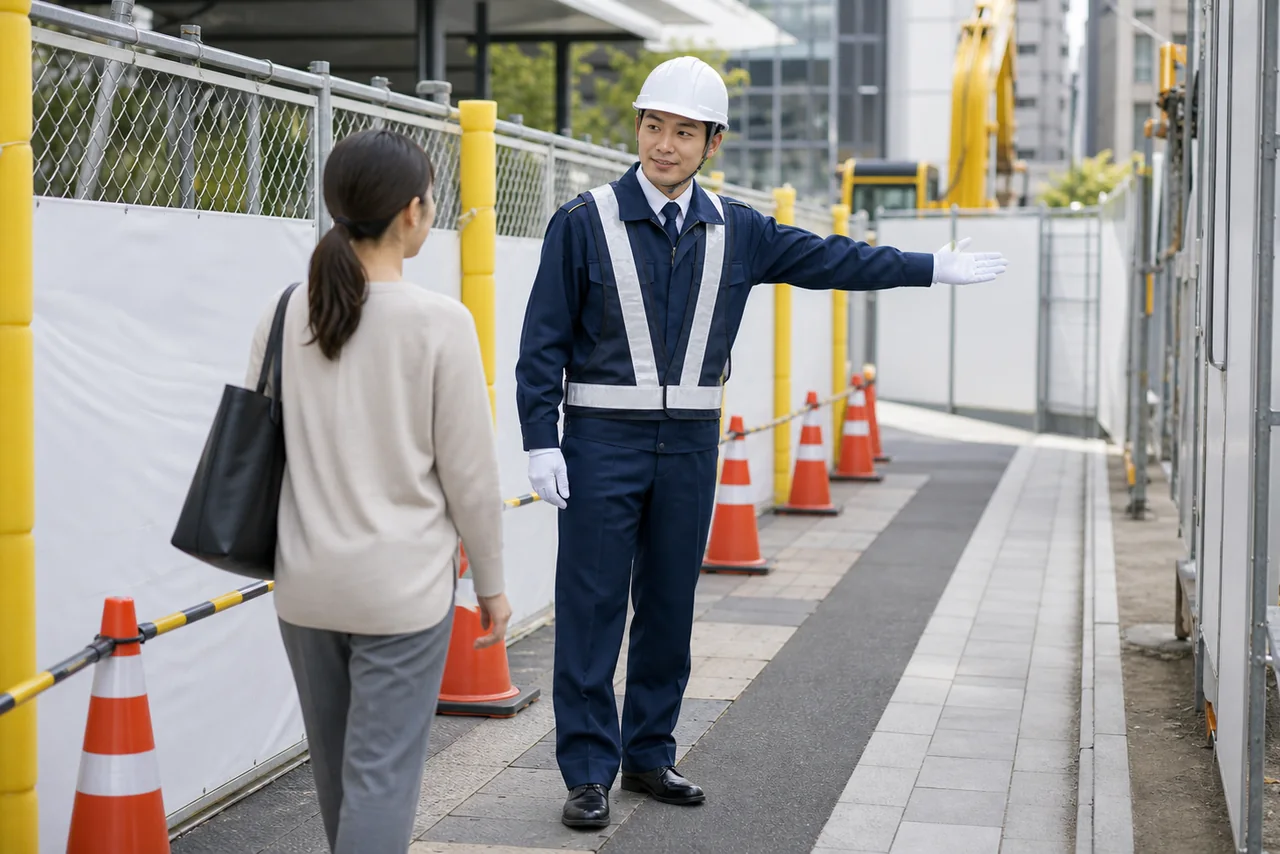 仮設通路で歩行者を案内する警備スタッフ